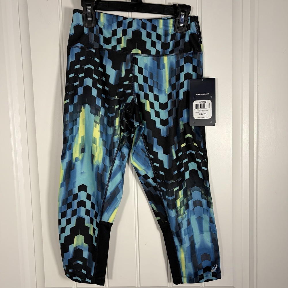 ASICS Blue Geometric Printed Capri Leggings Athletic Running Yoga XS